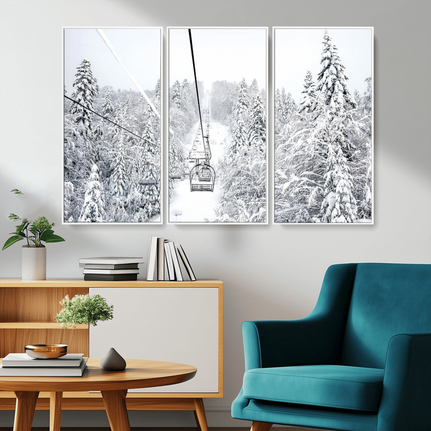 Snowy mountain landscape with a ski lift and snow-covered trees, ideal for winter-themed home decor. Perfect for modern, minimalist interiors.