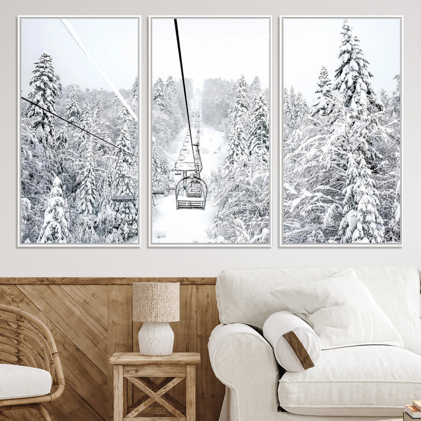 60296839-MGV-CV-36X24-Snowy Mountains Wall Art Canvas Print, Framed Ski Lift Art Picture Print, Winter Forest Perfect Winter Minimalist Decor, Ski Lift Canvas
