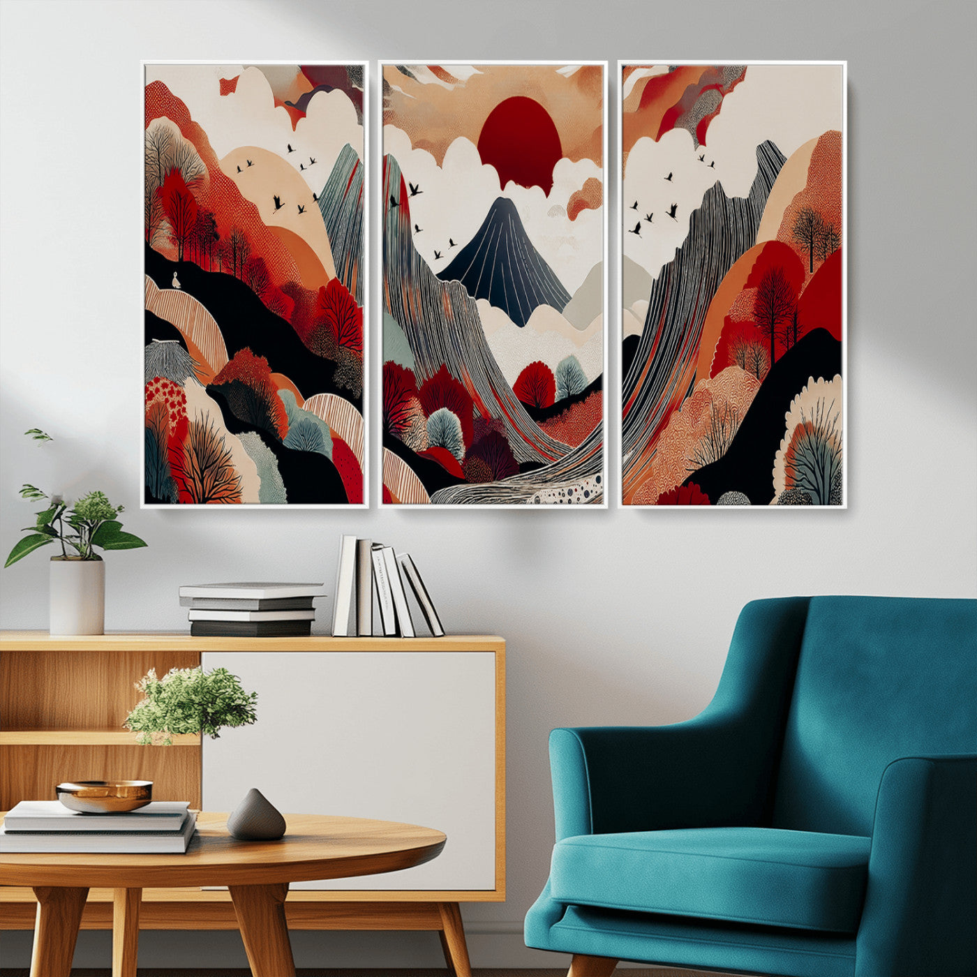 Abstract nature illustration with a red sun, mountains, and vibrant landscapes in graphic style, perfect for contemporary minimalist home decor. Ideal for modern spaces.