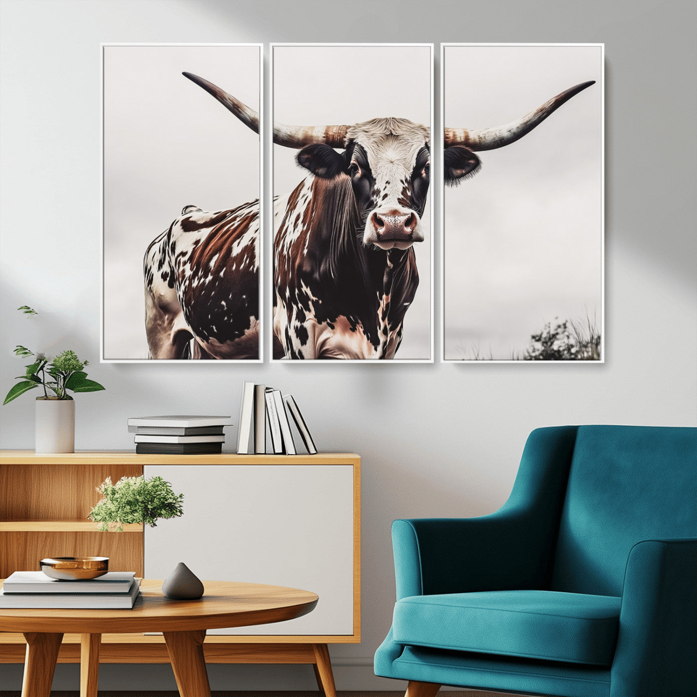 Close-up of a Texas Longhorn bull with powerful horns, perfect for rustic farmhouse or country-themed home decor. Ideal for animal lovers.