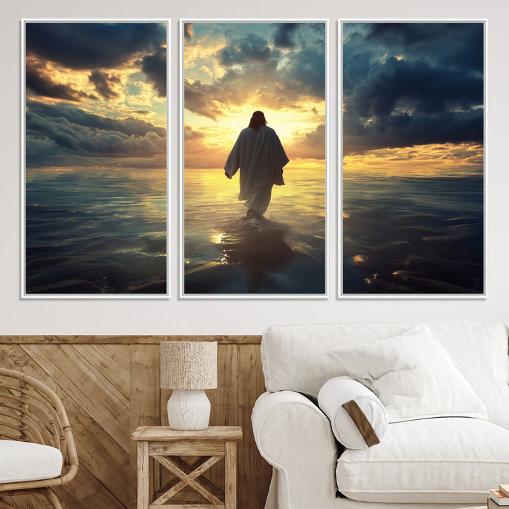 Jesus Walks Wall Art Canvas Print, Framed Divine Sunset Art Picture Print, Spiritual Light Perfect Spiritual Tranquil Decor Artwork