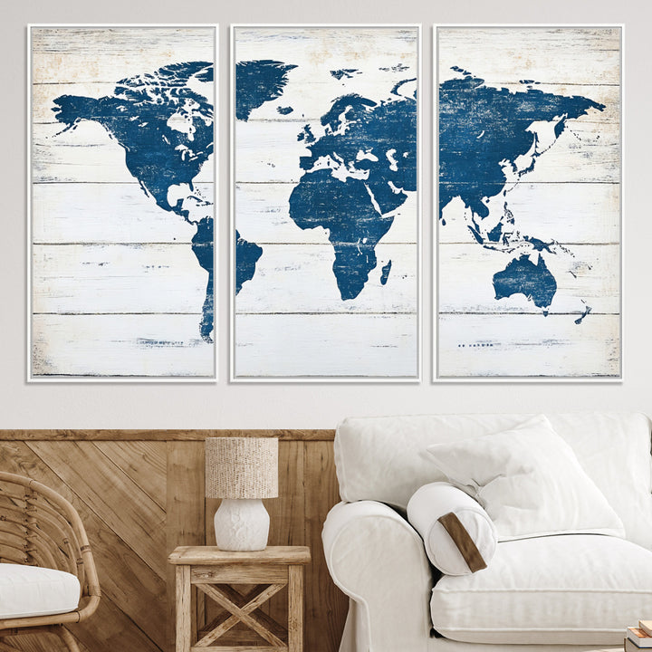 Rustic world map with blue continents on distressed wooden planks, perfect for coastal, explorer, or vintage-style wall decor.