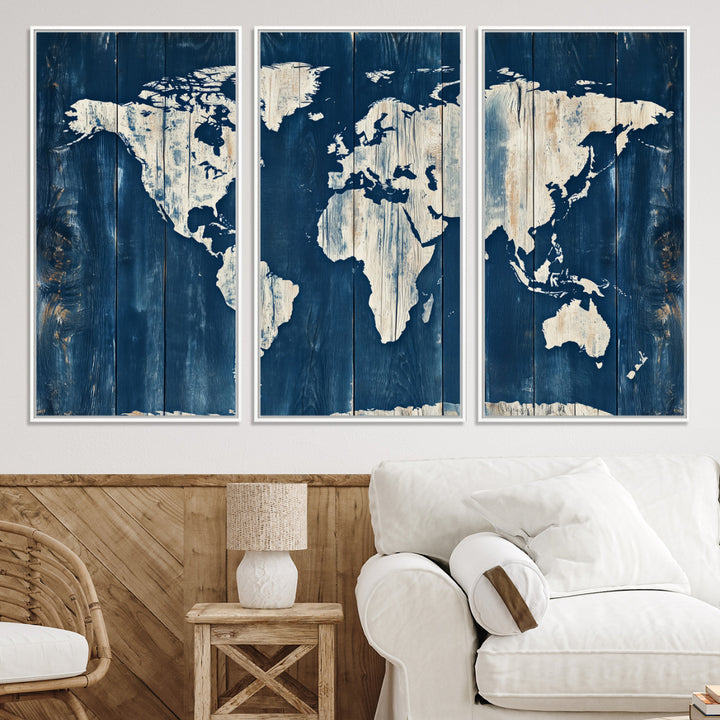 World Map Wall Art Canvas Print, Rustic Map Print, Framed Wooden World Map Art Print, Large Antique Map Decor Printing Perfect for Vintage Decor