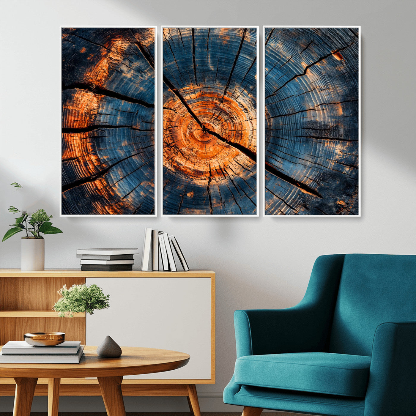 MGV-FC-48X32-3P - Burnt Wood Wall Art Canvas Print, Framed Aged Timber Art Picture Print, Rustic Tree Slice Perfect Rustic Decor Artwork