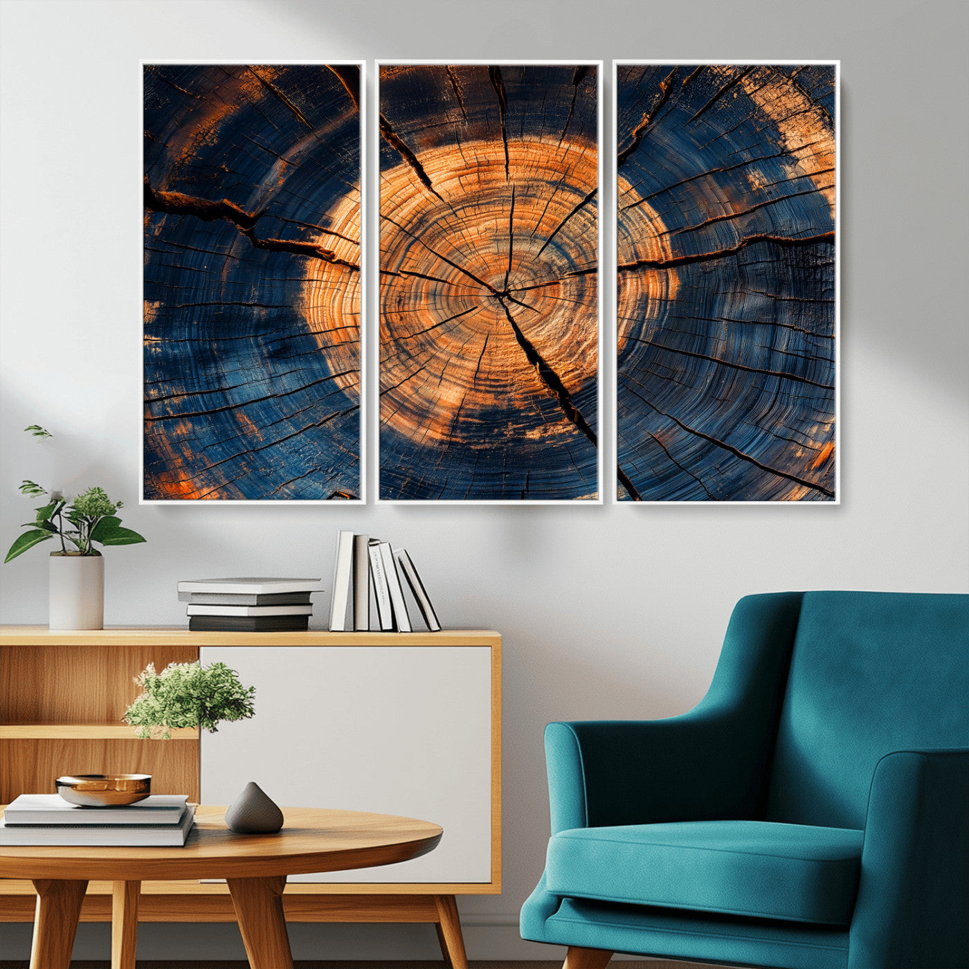 MGV-FC-48X32-3P - Burnt Wood Wall Art Canvas Print, Framed Aged Timber Art Picture Print, Rustic Tree Slice Perfect Rustic Decor Artwork