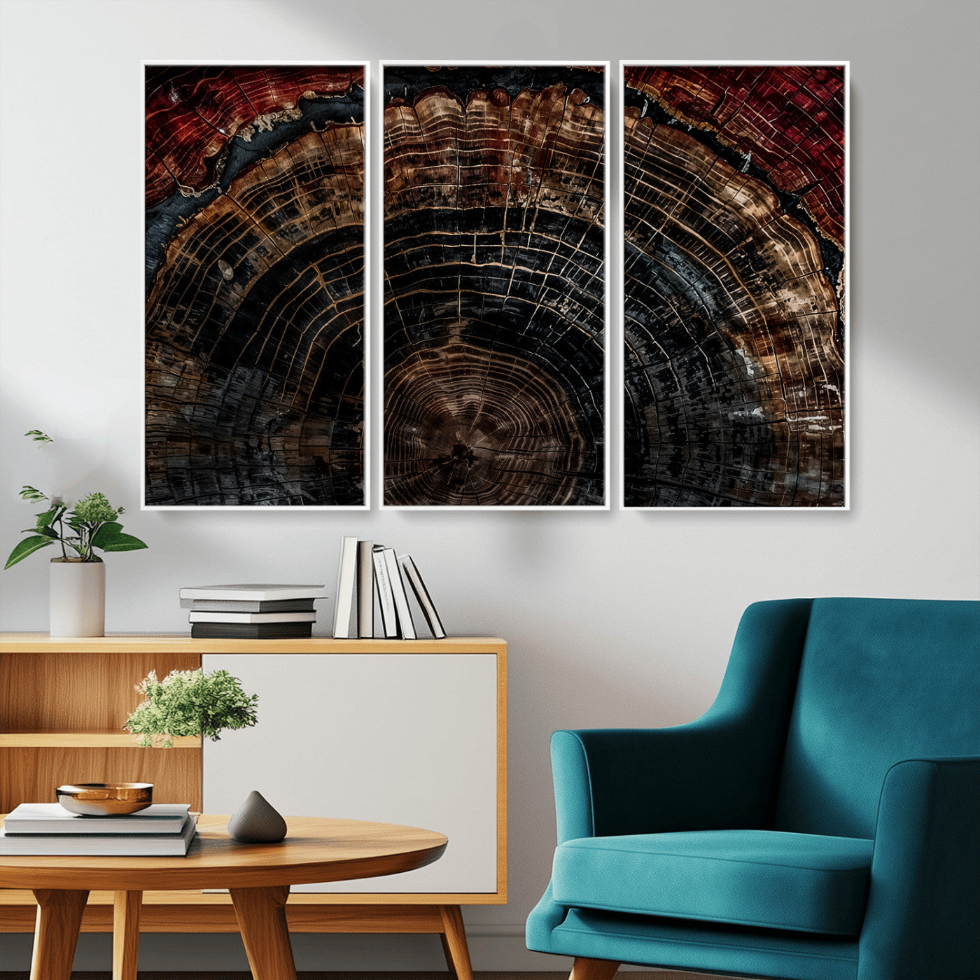 MGV-FC-48X32-3P - Dark Wood Ring Wall Art Canvas Print, Framed Abstract Wood Tree Art Picture Print, Rustic Tree Slice Perfect Rustic Decor Artwork