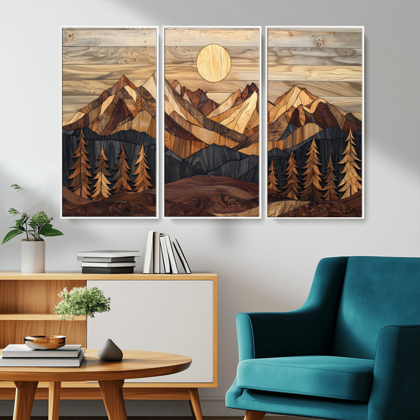 MGV-FC-48X32-3P - Wood Mountain Landscape Wall Art Canvas Print, Framed Sunset Hills Art Picture Print, Abstract Nature Perfect Boho Decor Artwork
