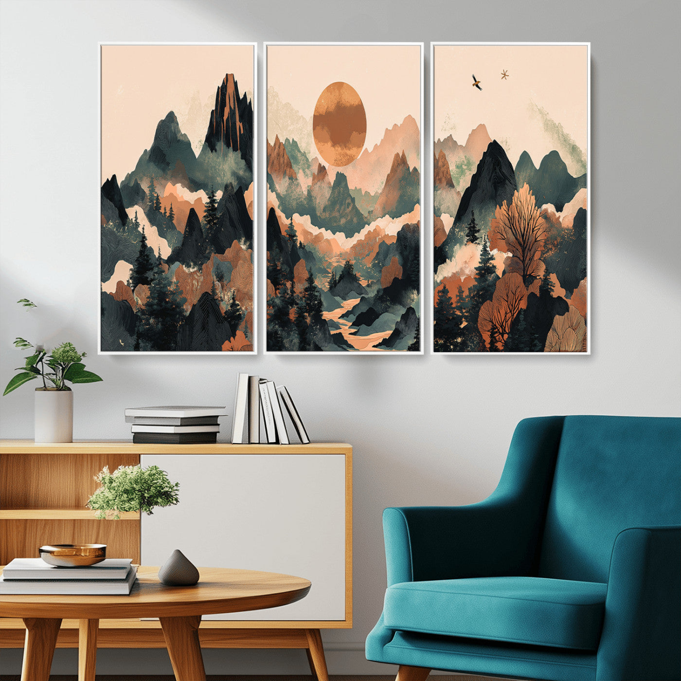 MGV-FC-48X32-3P - Wood Mountain Landscape Wall Art Canvas Print, Framed Sunset Hills Art Picture Print, Abstract Nature Perfect Boho Decor Artwork