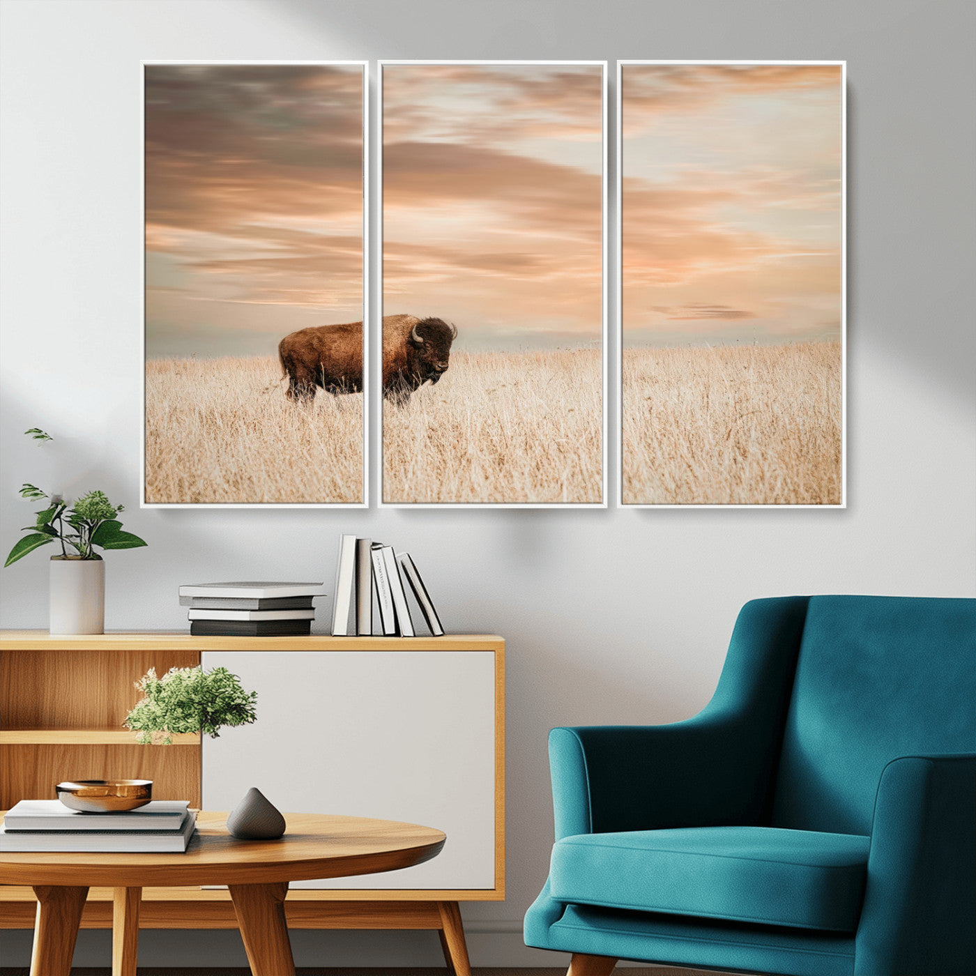 MGV-FC-48X32-3P - Bison Wall Art Canvas Print, Framed Buffalo Art Picture Print, Western Prairie Perfect Rustic Decor Artwork