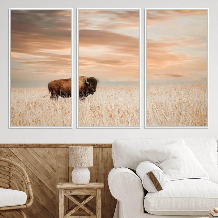 Bison Wall Art Canvas Print, Buffalo Print, Framed Western Prairie Art Print, Large Rustic Wildlife Printing Perfect for Rustic Decor