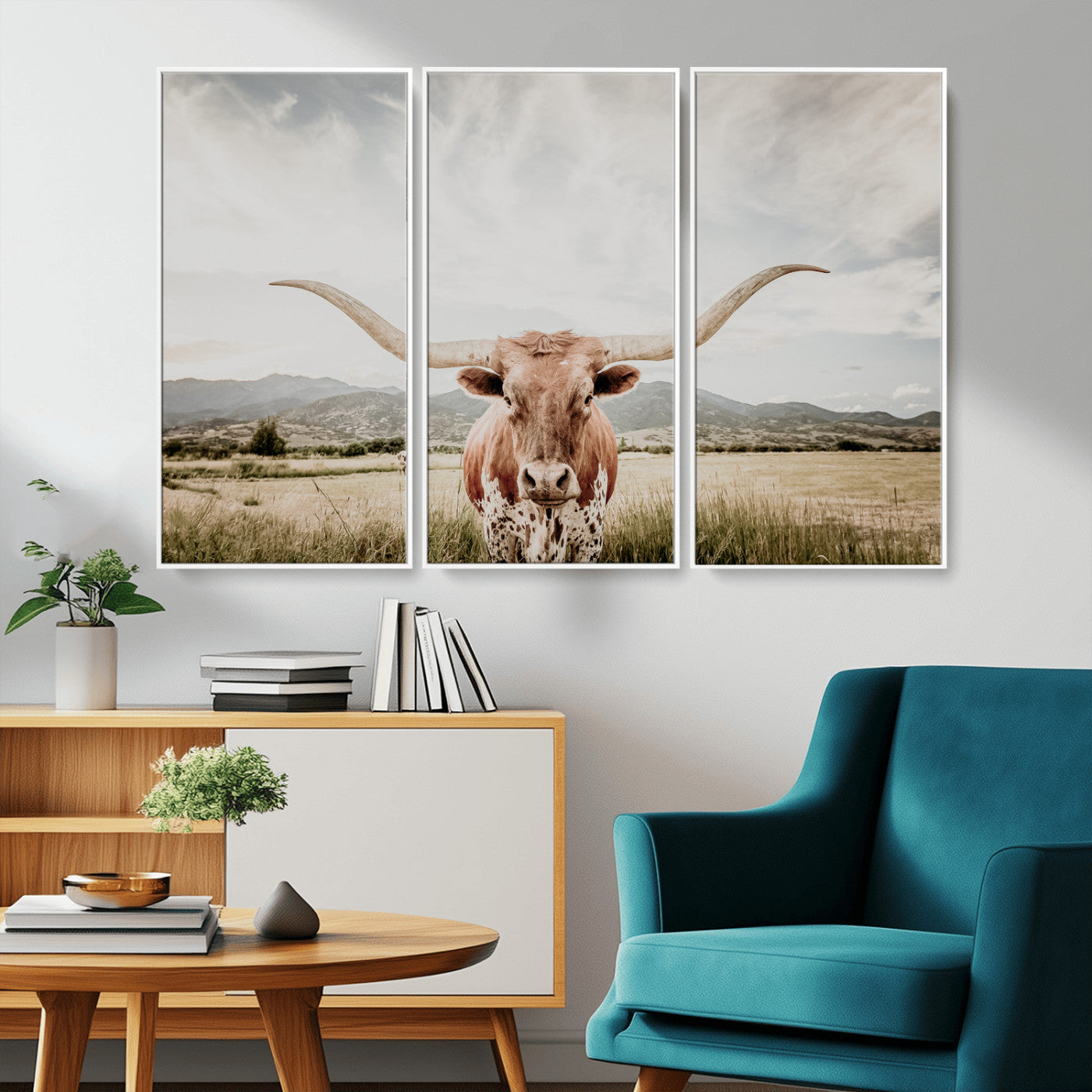 MGV-FC-48X32-3P - Texas Longhorn Wall Art Canvas Print, Framed Western Cow Art Picture Print, Rustic Farmhouse Perfect Farmhouse Decor Artwork