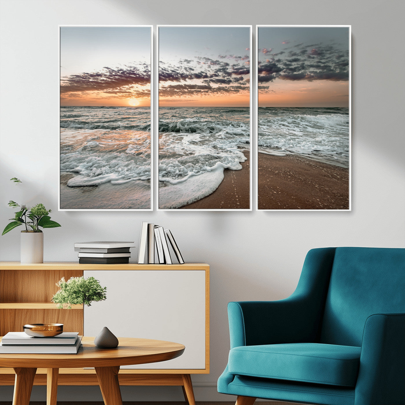 MGV-FC-48X32-3P - Ocean Sunset Wall Art Canvas Print, Framed Beach Waves Art Picture Print, Coastal Scene Perfect Coastal Decor Artwork