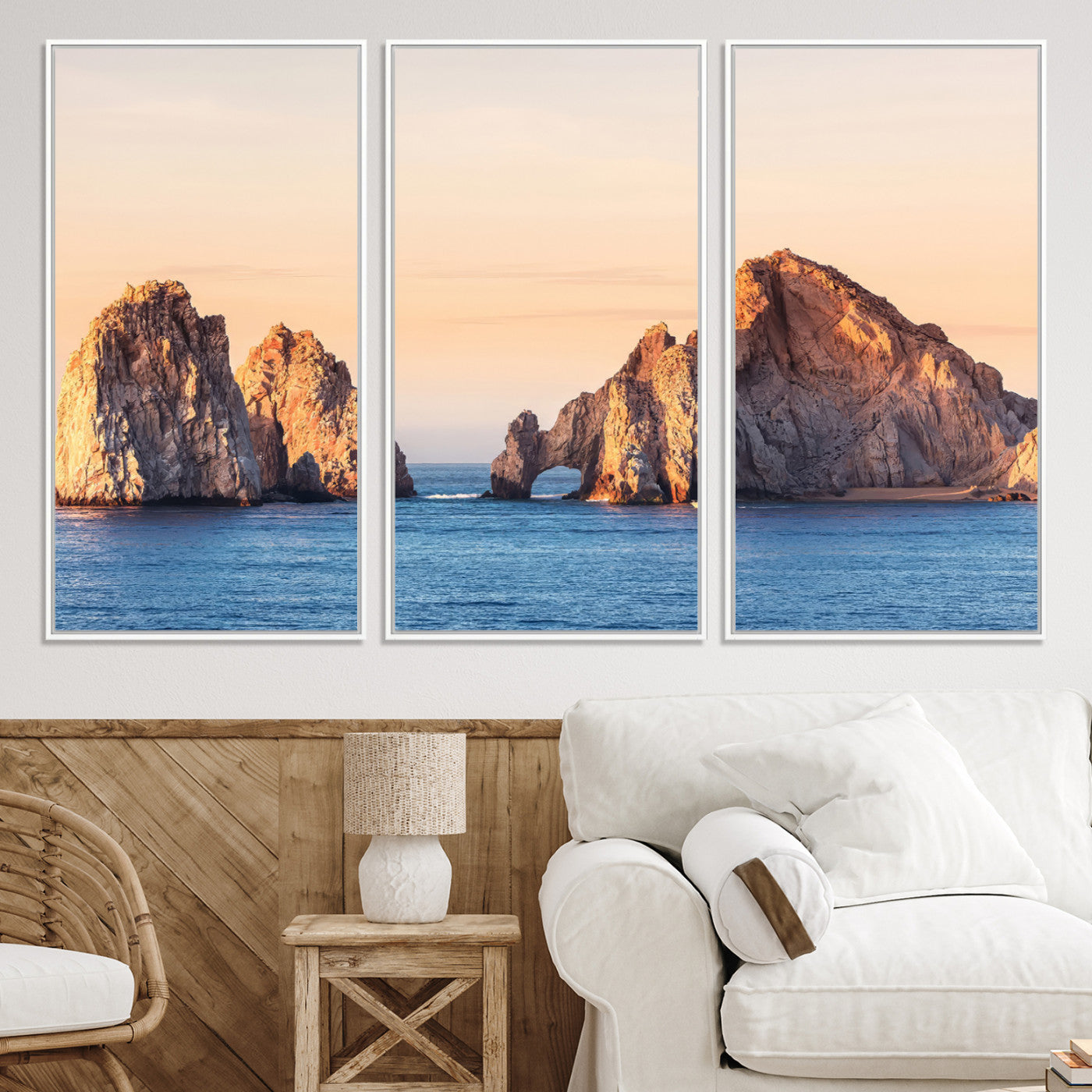 72996116-MGV-CV-36X24-El Arco Wall Art Canvas Print, Framed Cabo Rocks Art Picture Print, Ocean Arch Perfect Golden Coastal Landmark Decor, The Arch Canvas Print