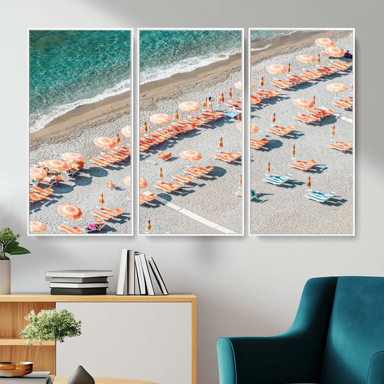 27805351-MGV-CV-36X24 - Beach Umbrellas Wall Art – Orange Loungers & Turquoise Water Canvas Print, Sandy Shore and Summer Vibes