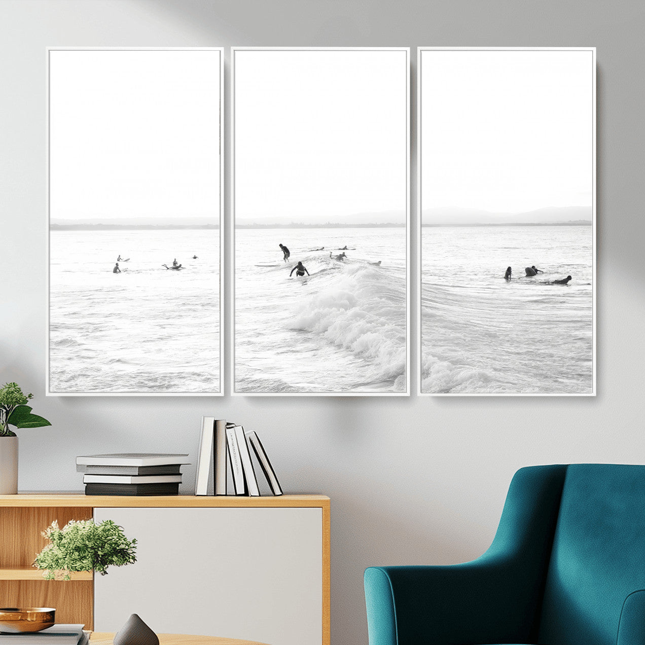 33449548-MGV-CV-36X24 - Surf Crowd Motion Wall Art – Active Surfers & Ocean Waves Canvas Print, Dynamic Water and Coastal Horizon for Living Room or Sea Adventure Decor