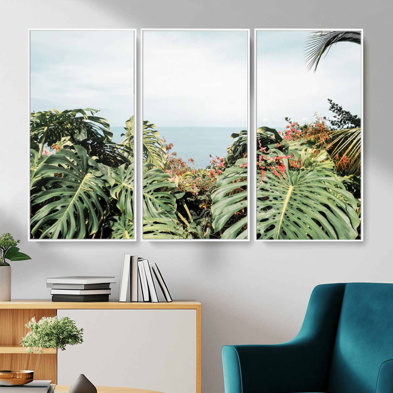 45700479-MGV-CV-36X24 - Tropical Greenery Wall Art – Exotic Leaves & Ocean View Canvas Print, Sunlit Paradise and Vibrant Nature for Living Room or Coastal Decor
