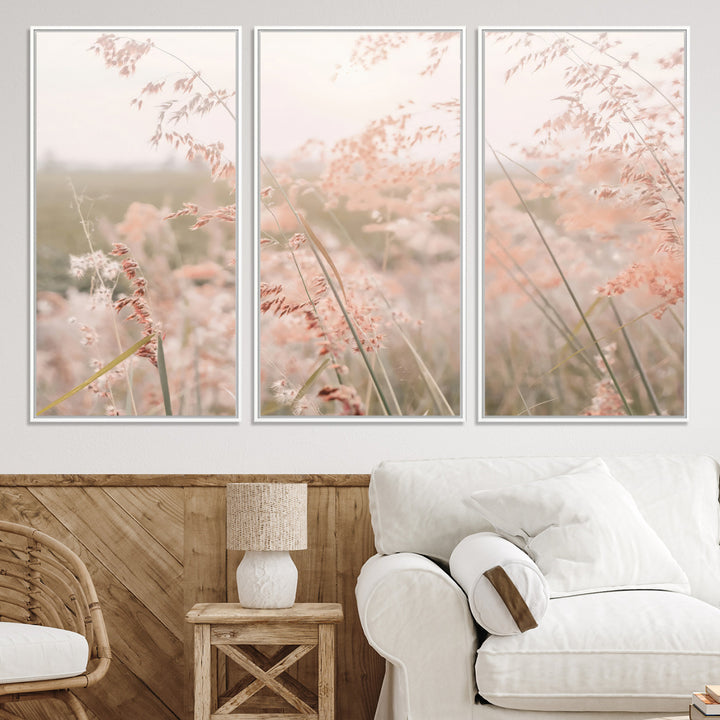 Pastel Grasses Wall Art Canvas Print, Soft Meadow Print, Framed Field in Breeze Art Print, Large Pink Meadow Printing Soft Pastel