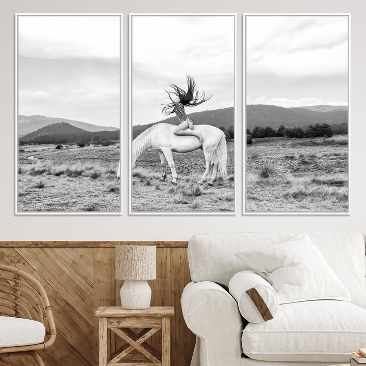 White Horse Wall Art Canvas Print, Woman Rider Print, Framed Equestrian Pose Art Print, Large Grazing Horse Printing Western Boho