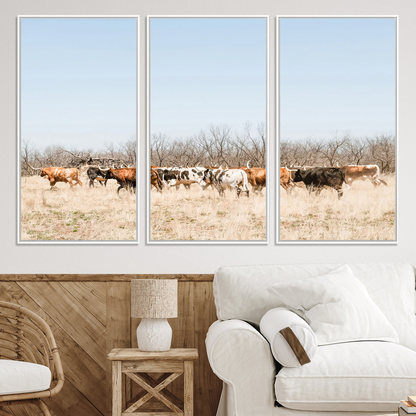 16563092-MGV-CV-36X24-Texas Longhorns Wall Art Canvas Print, Western Cattles Print Wall Art, Framed Rustic Herd Art Print, Large Country Cows Printing Rustic