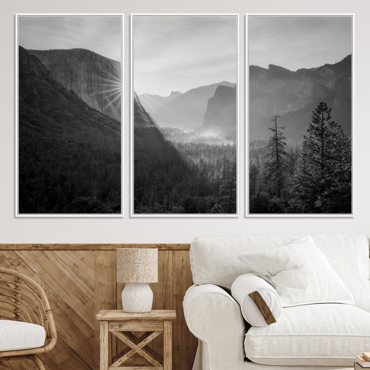 Yosemite Valley Wall Art Canvas Print, El Capitan Sunrise Print, Framed Misty Mountain Art Print, Large Monochrome Valley Printing