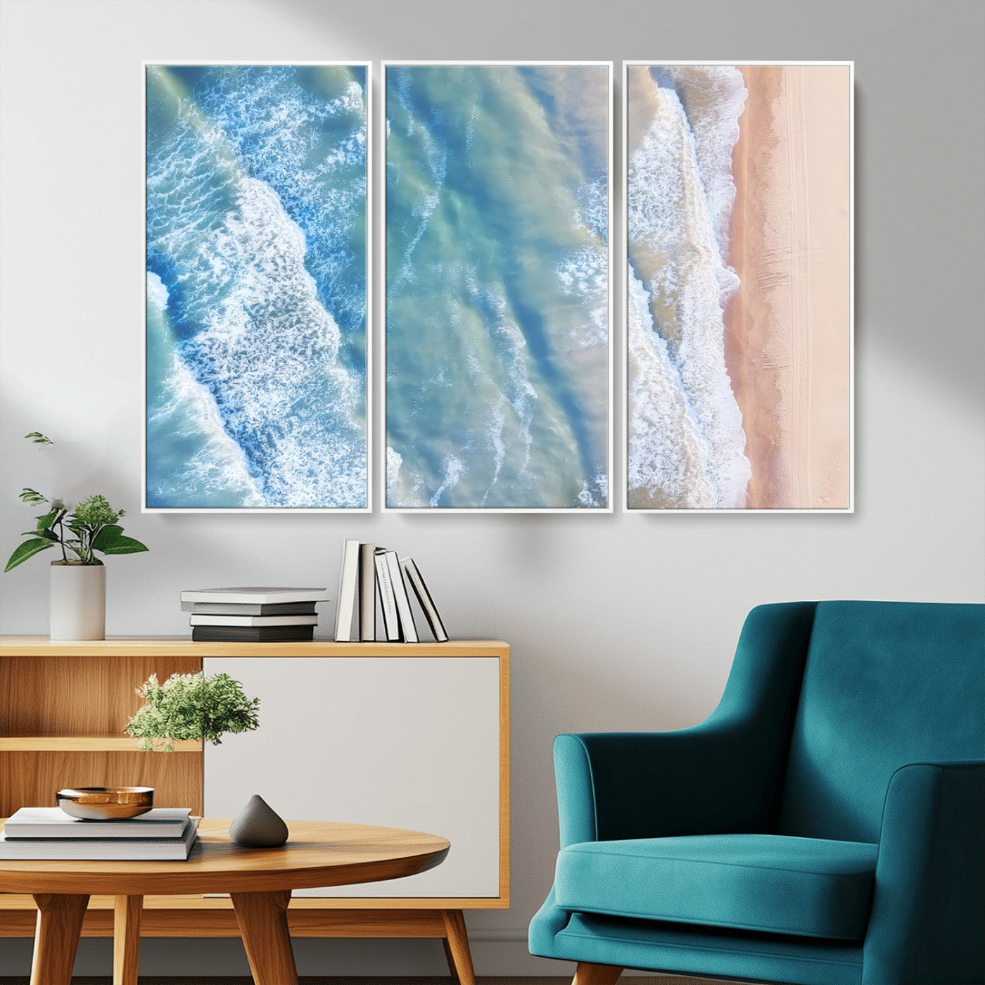 MGV-FC-48X32-3P - Aerial Ocean View Wall Art Canvas Print, Framed Soft Blue Waves Art Picture Print, Sandy Shoreline Perfect Modern Coastal Decor Artwork