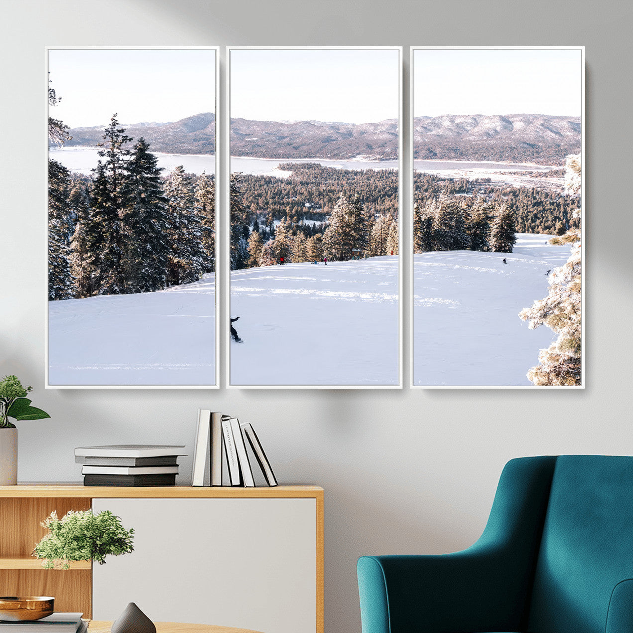 79857868-MGV-CV-36X24 - Snowboarder Wall Art – Winter Slope Canvas Print, Pine Forest, Snow-Covered Mountains, Outdoor Adventure for Living Room or Cabin Decor