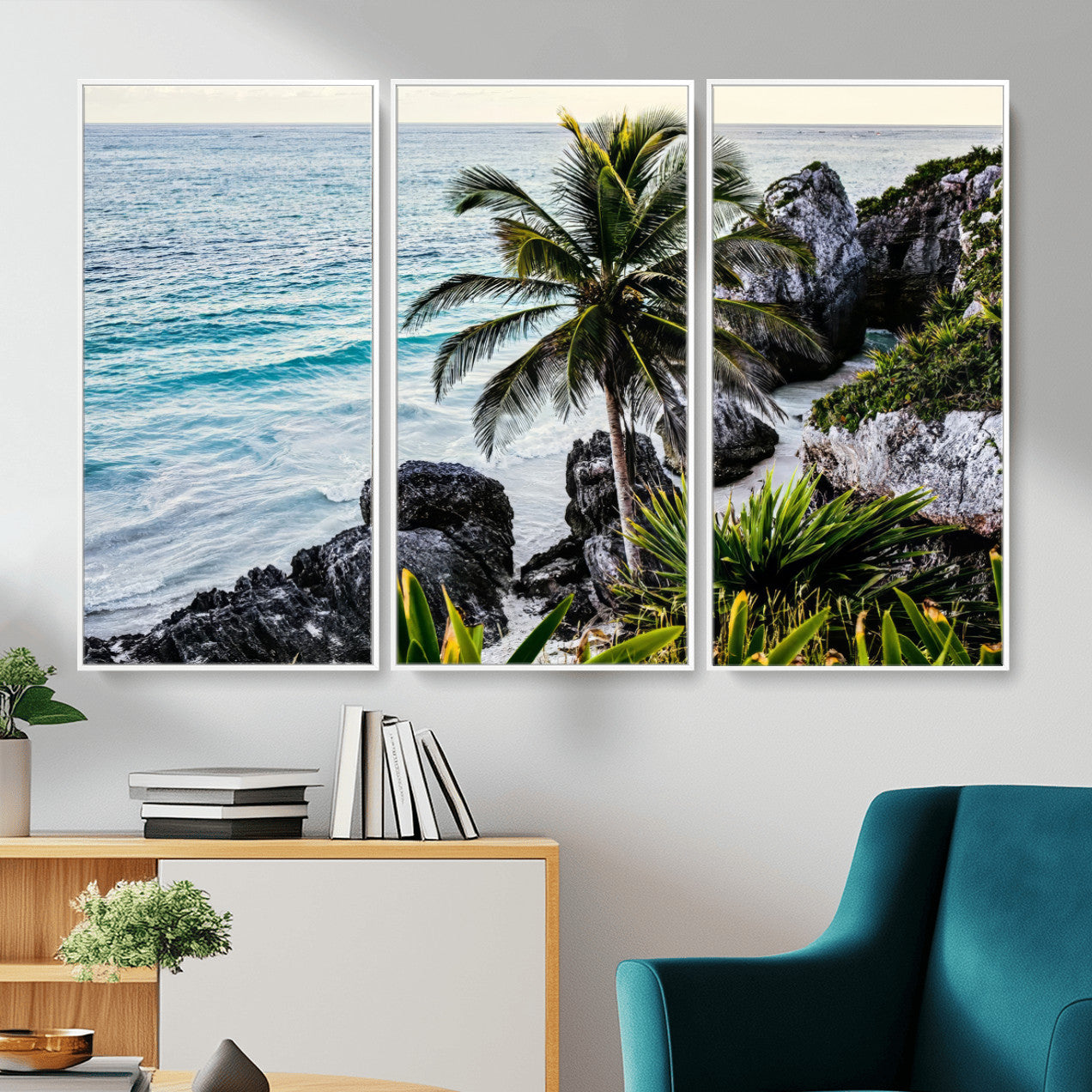 94669907-MGV-CV-36X24 - Tropical Palm Wall Art – Coastal Rocks Canvas Print, Ocean Breeze, Sandy Shore, Vibrant Green Foliage for Living Room or Beach House Decor