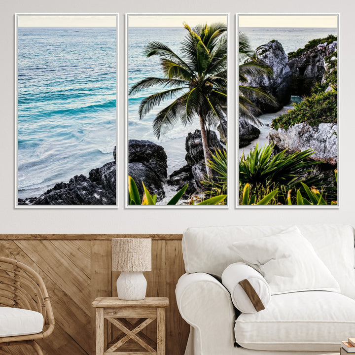 Framed canvas of a vibrant tropical coastline with palm trees, rocky cliffs, and turquoise waters, ideal for tropical coastal home decor.