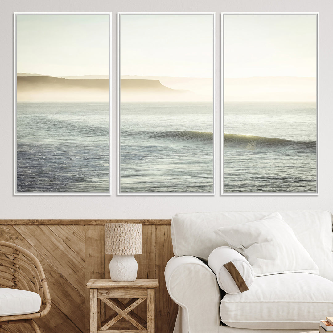 Canvas of a misty ocean scene with coastal cliffs and soft neutral tones, ideal for Scandinavian coastal or minimalist nature-inspired home decor.