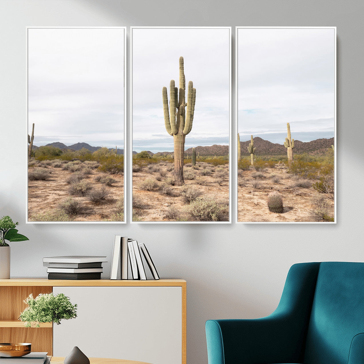 MGV-FC-48X32-3P - Saguaro Cactus Wall Art Canvas Print, Framed Desert Cactus Art Picture Print, Earthy Desert Perfect Southwestern Boho Decor Artwork