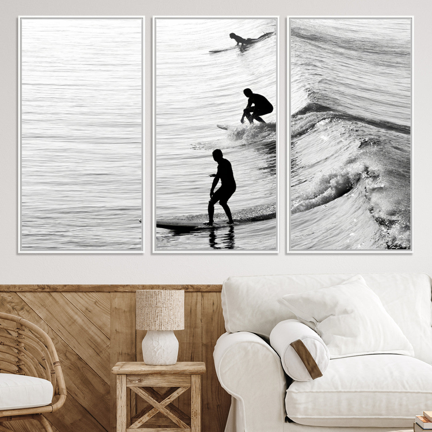 19875284-MGV-CV-36X24-Surfers on Waves Wall Art Canvas Print, Framed Black White Surf Art Picture Print, Monochrome Ocean Perfect Modern Coastal Decor, Surfers on