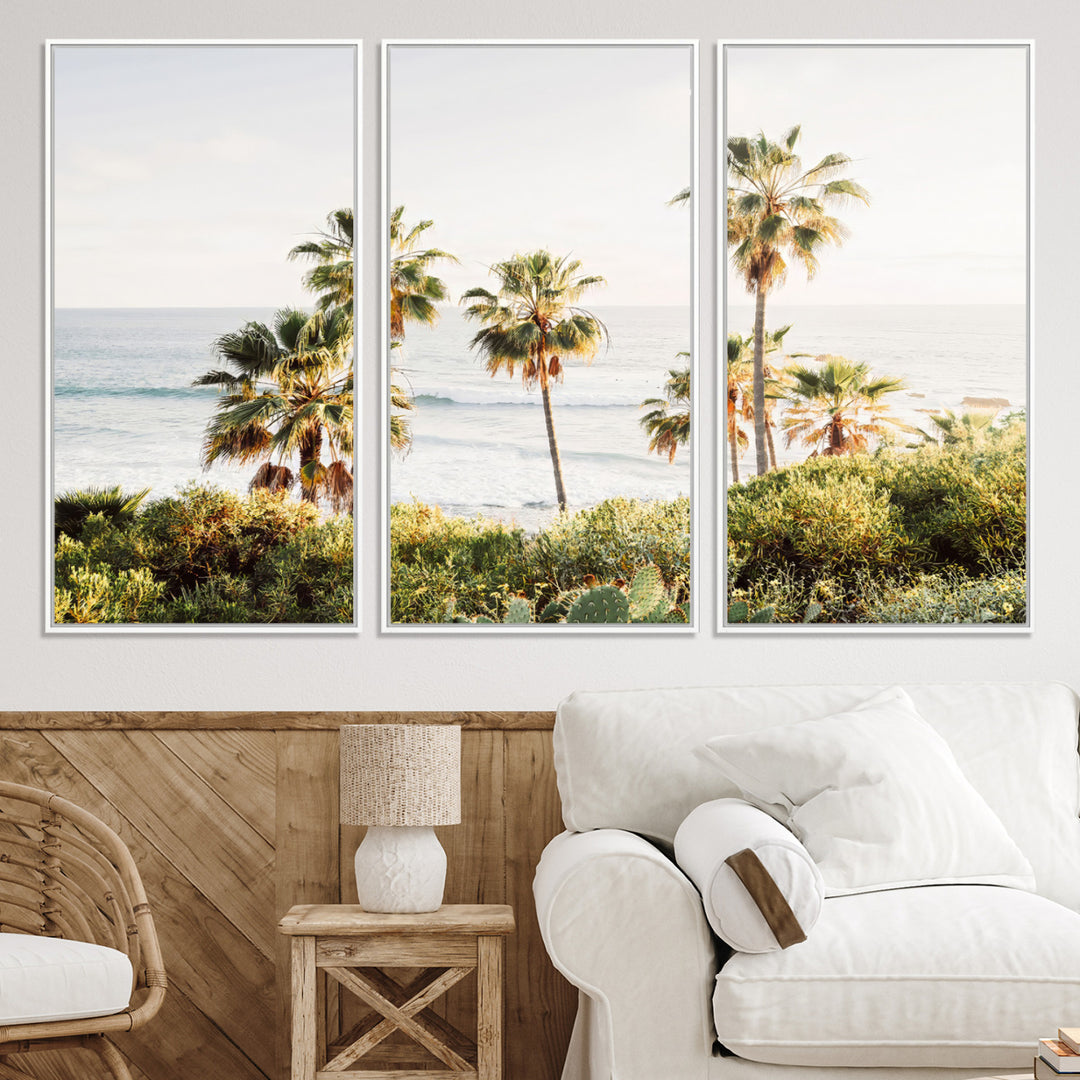 Framed print of sunlit palm trees on the California coast with warm tones, perfect for coastal minimalist or beach-style home decor.