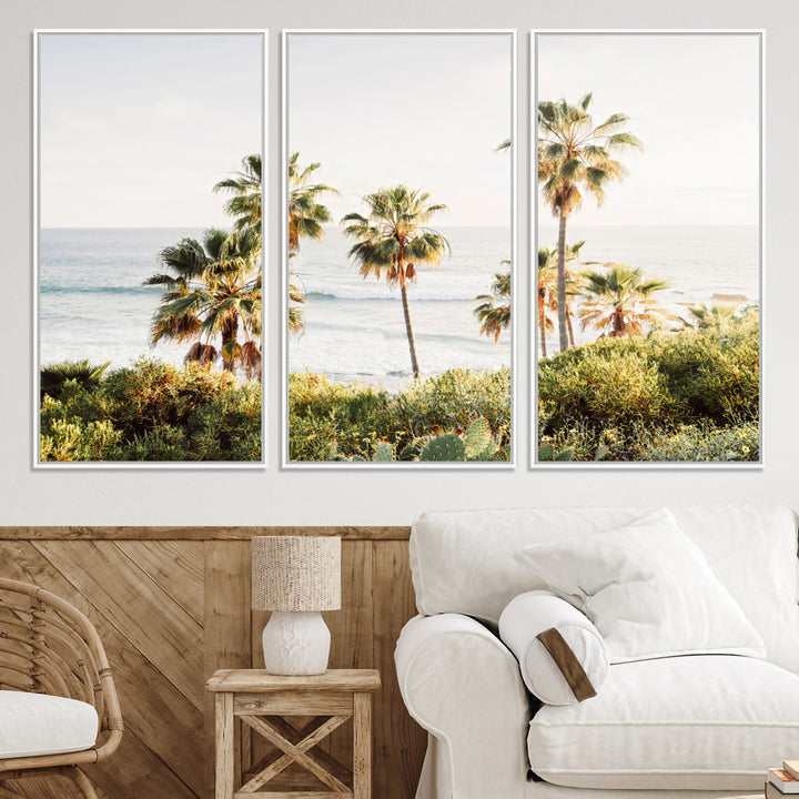 Framed print of sunlit palm trees on the California coast with warm tones, perfect for coastal minimalist or beach-style home decor.