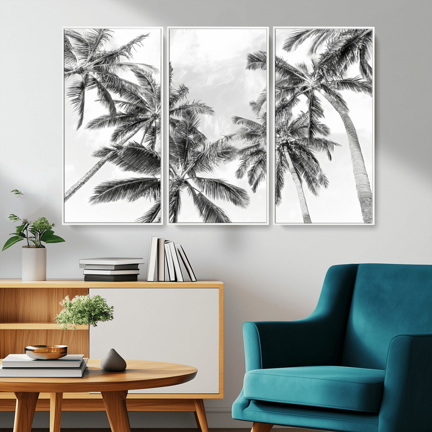 MGV-FC-48X32-3P - Black White Palm Wall Art Canvas Print, Framed Monochrome Tropics Art Picture Print, Minimalist Beach Perfect Coastal Minimalist Decor Artwork