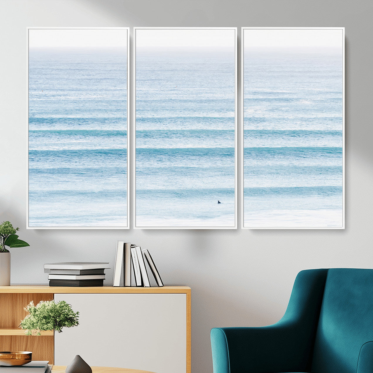 77145995-MGV-CV-36X24-Ocean Wave Surfer Wall Art – Framed Minimal Seascape Canvas Artwork, Calm Blue Water Design, Coastal Decor for Home, Office