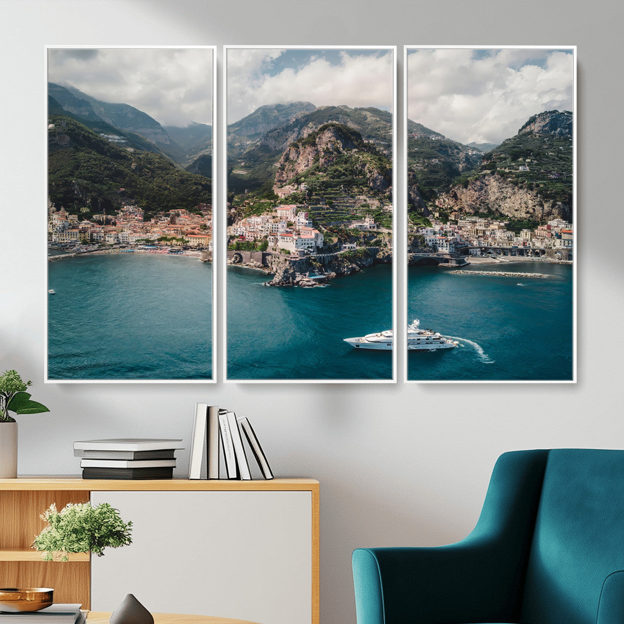 20321590-MGV-CV-36X24-Amalfi Coast Wall Art – Framed Italian Seaside Canvas Artwork, Mediterranean Landscape Design, Coastal Decor for Home, Office