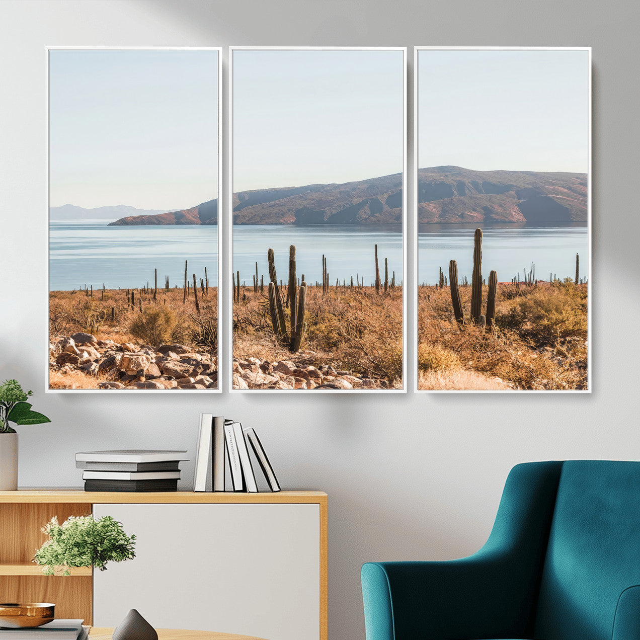 MGV-FC-48X32-3P - Desert Cactus Wall Art Canvas Print, Framed Baja Coastline Art Picture Print, Coastal Desert Perfect Southwestern Minimalist Decor Artwork