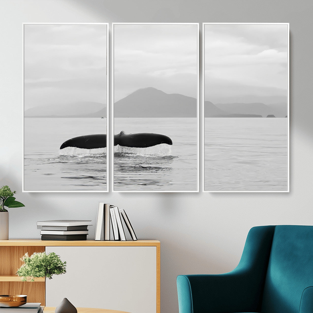 MGV-FC-48X32-3P - Whale Tail Wall Art Canvas Print, Framed Black White Ocean Art Picture Print, Calm Marine Perfect Minimalist Coastal Decor Artwork