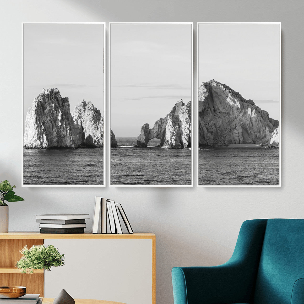 MGV-FC-48X32-3P - Rugged Coastline Wall Art Canvas Print, Framed Ocean Cliffs Art Picture Print, Monochrome Seascape Perfect Coastal Minimalist Decor Artwork