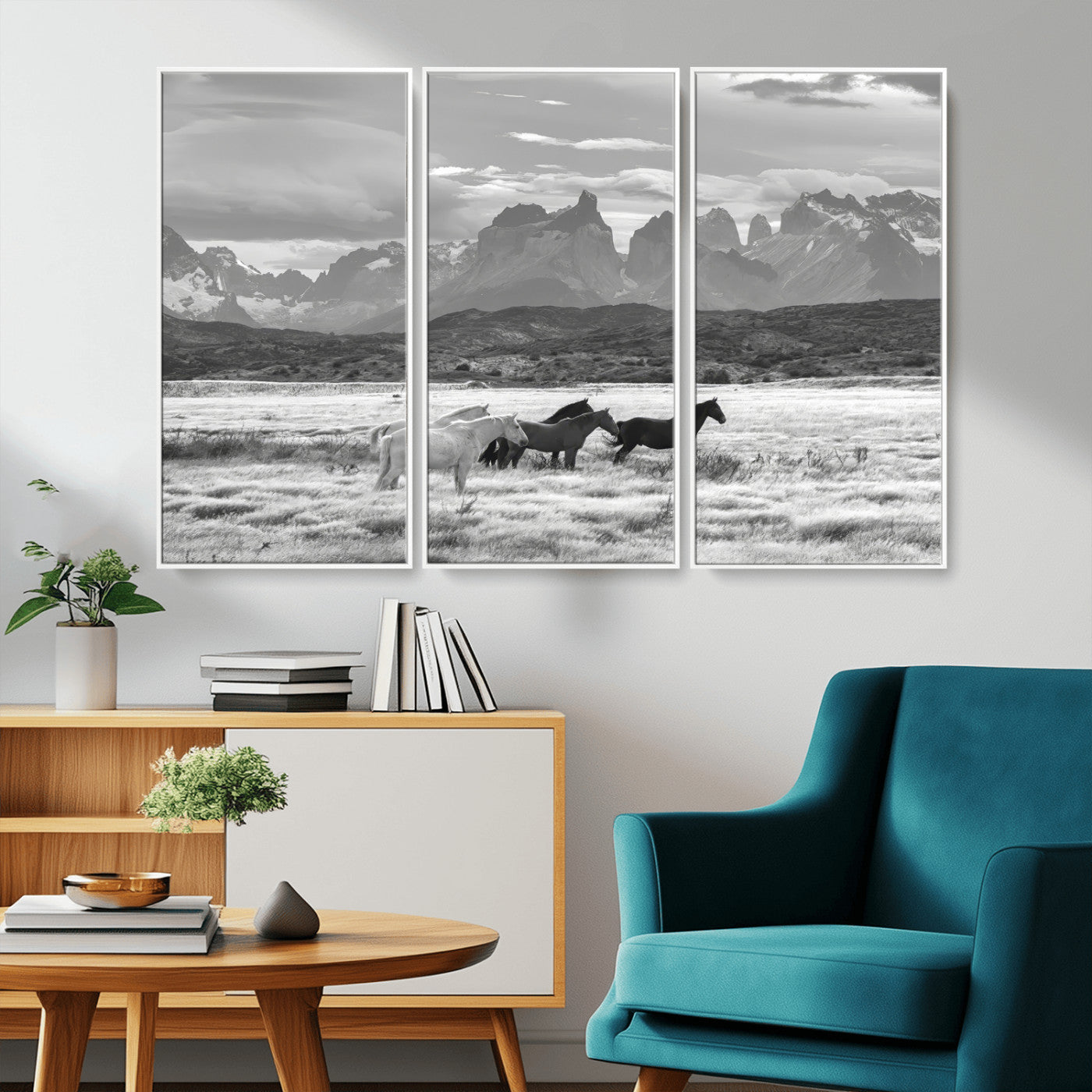 MGV-FC-48X32-3P - Wild Horses Wall Art Canvas Print, Framed Black White Mountains Art Picture Print, Rustic Countryside Perfect Rustic Western Decor Artwork