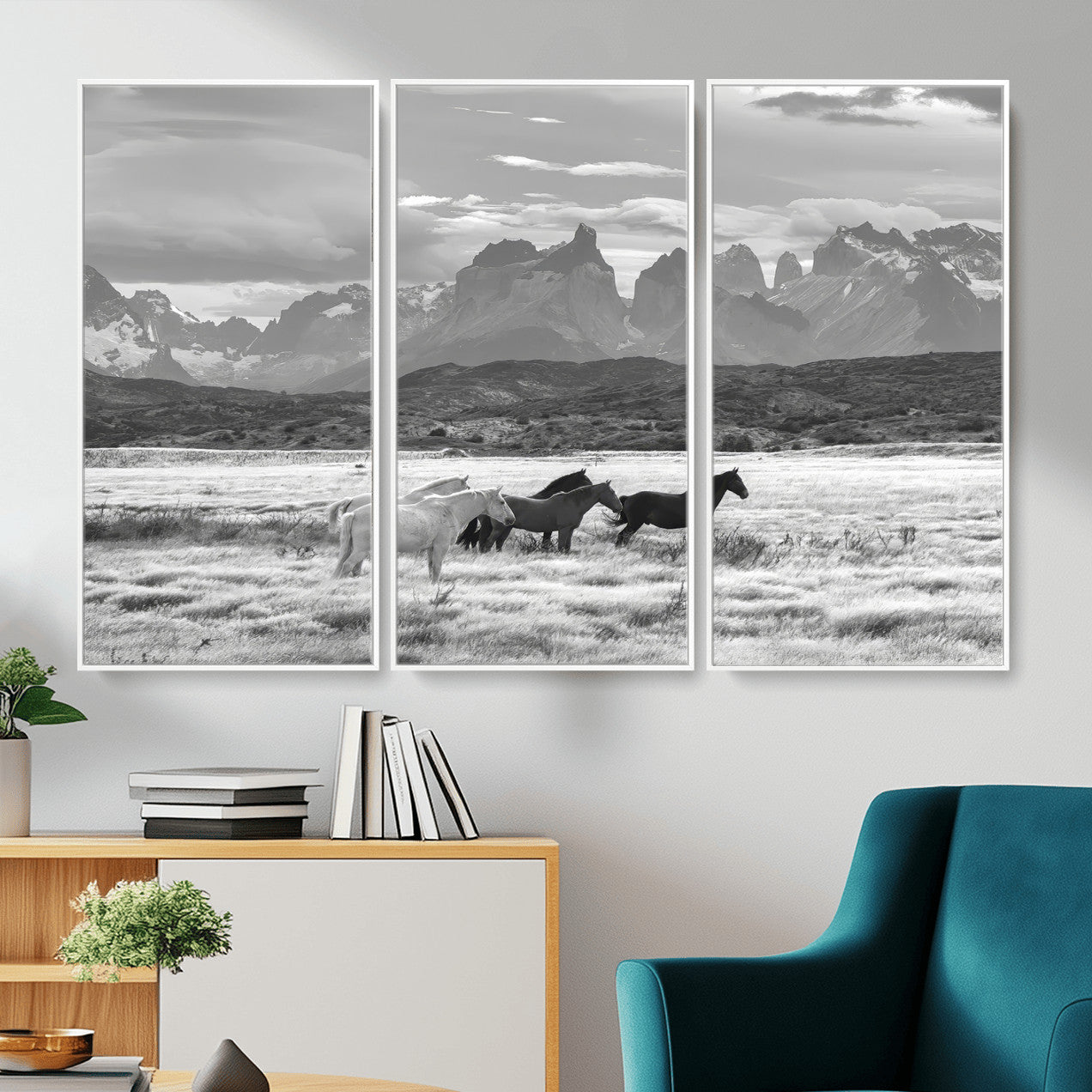 MGV-FC-48X32-3P - Wild Horses Wall Art Canvas Print, Framed Black White Mountains Art Picture Print, Rustic Countryside Perfect Rustic Western Decor Artwork
