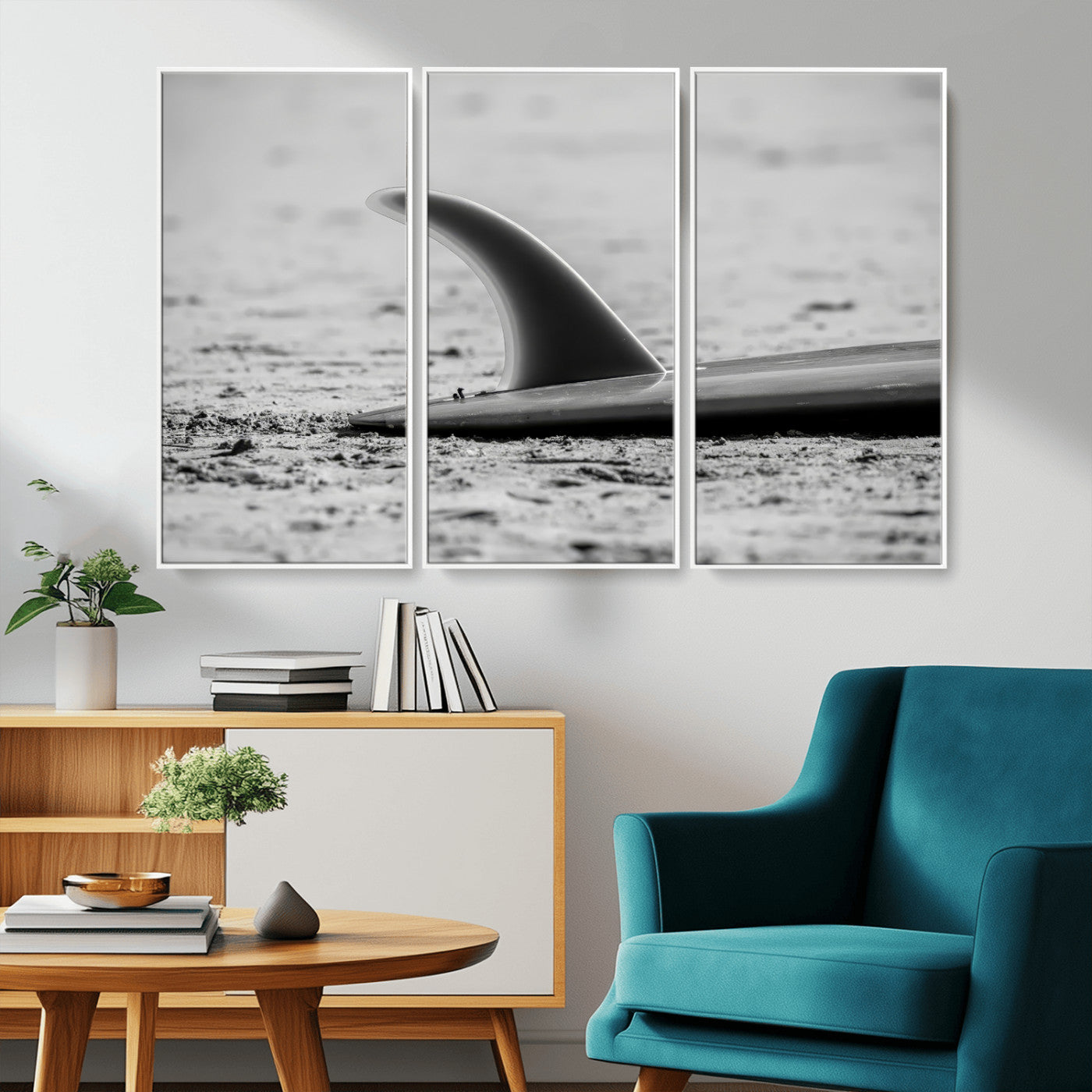 MGV-FC-48X32-3P - Black White Surfboard Wall Art Canvas Print, Framed Minimalist Beach Art Picture Print, Surf Fin Perfect Minimalist Coastal Decor Artwork