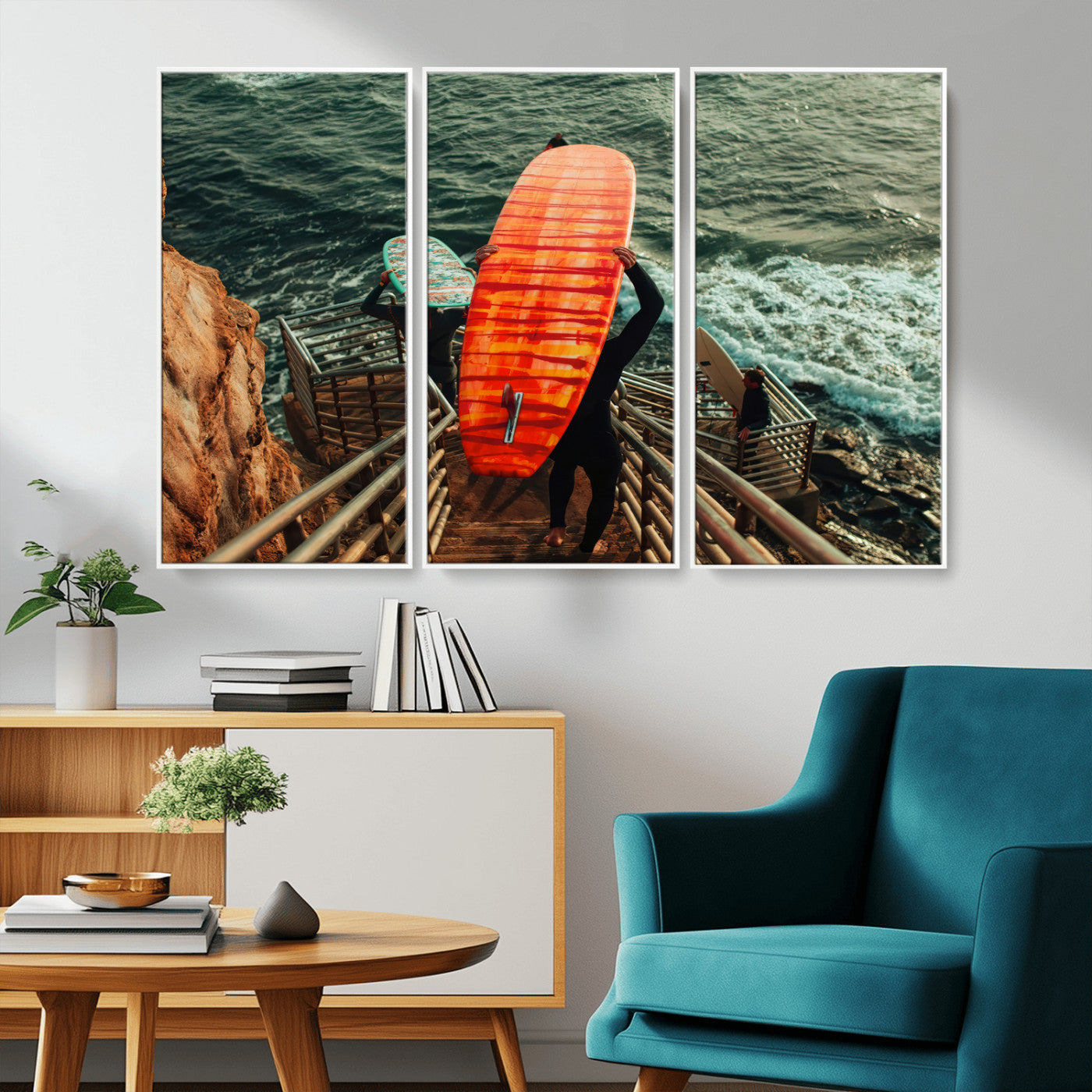 MGV-FC-48X32-3P - Surfer Stairway Wall Art Canvas Print, Framed Ocean Surf Art Picture Print, Sunset Coastal Perfect Coastal Adventure Decor Artwork
