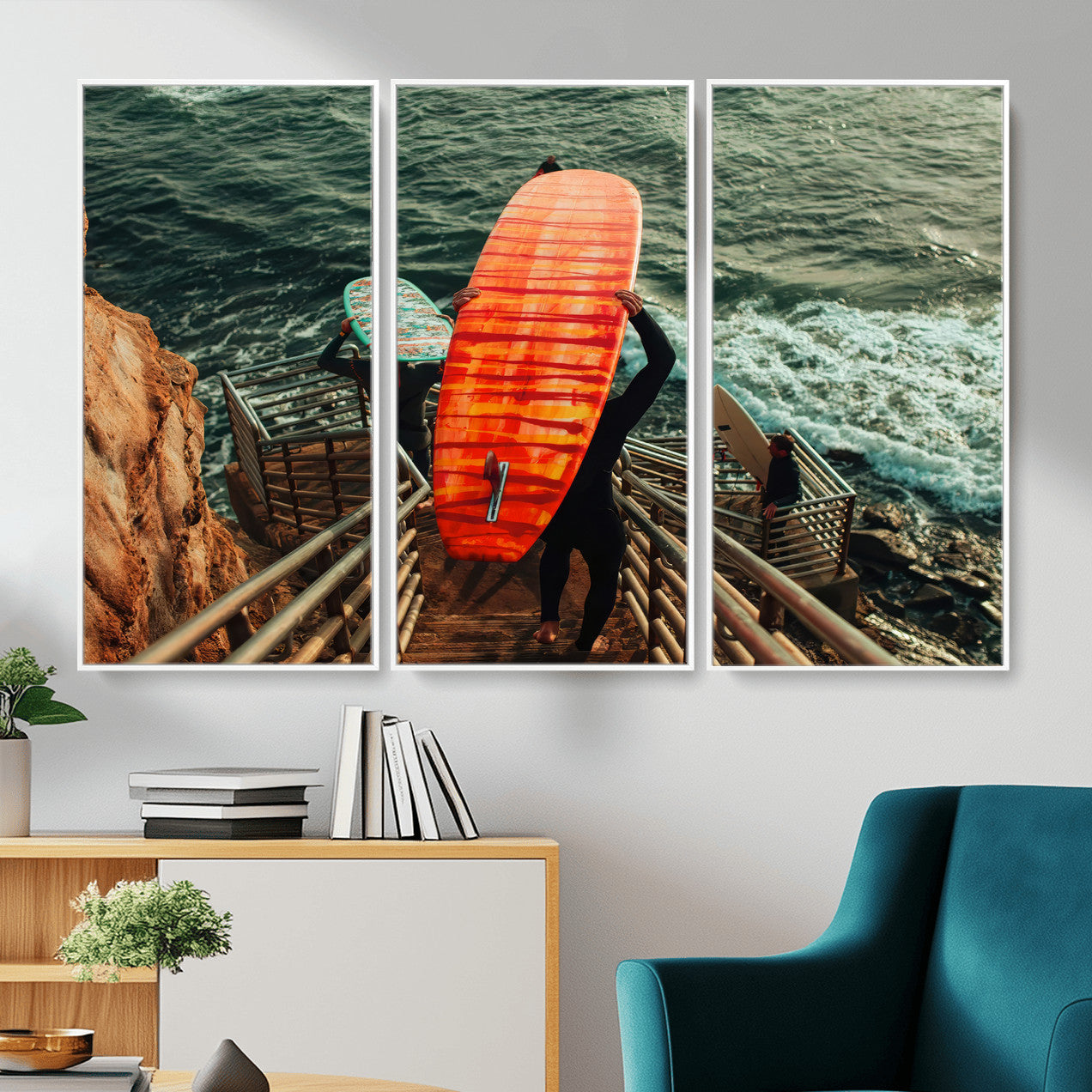 MGV-FC-48X32-3P - Surfer Stairway Wall Art Canvas Print, Framed Ocean Surf Art Picture Print, Sunset Coastal Perfect Coastal Adventure Decor Artwork