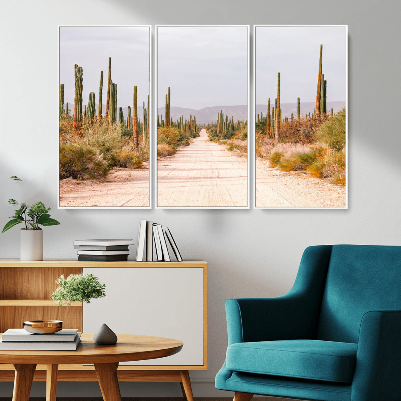 MGV-FC-48X32-3P - Desert Cactus Lined Road Wall Art Canvas Print, Framed Southwestern Landscape Art Picture Print, Bohemian Western Aesthetic Perfect Southwestern Boho Decor Artwork