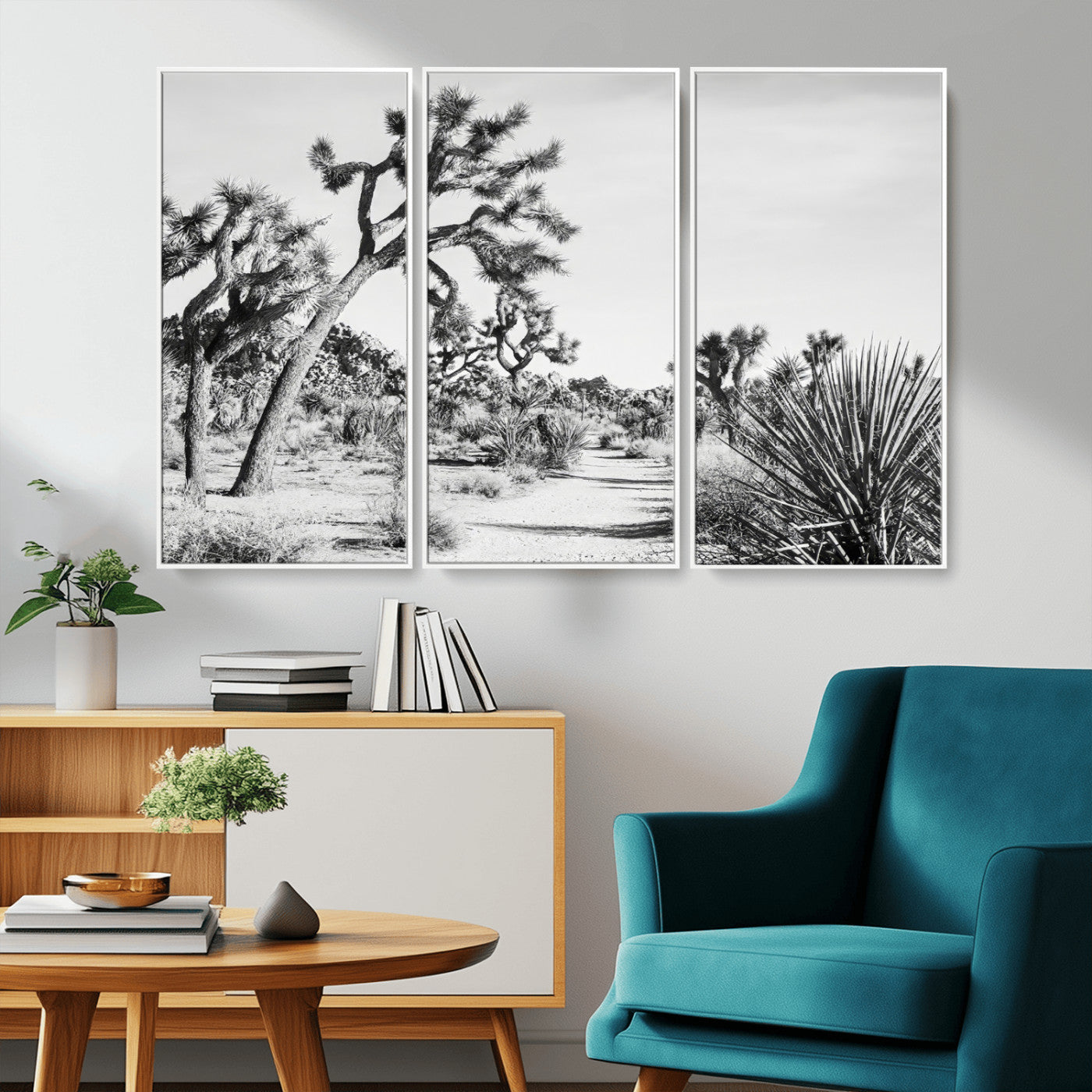 MGV-FC-48X32-3P - Joshua Tree Wall Art Canvas Print, Framed Desert Path Art Picture Print, Monochrome Desert Perfect Minimalist Desert Decor Artwork