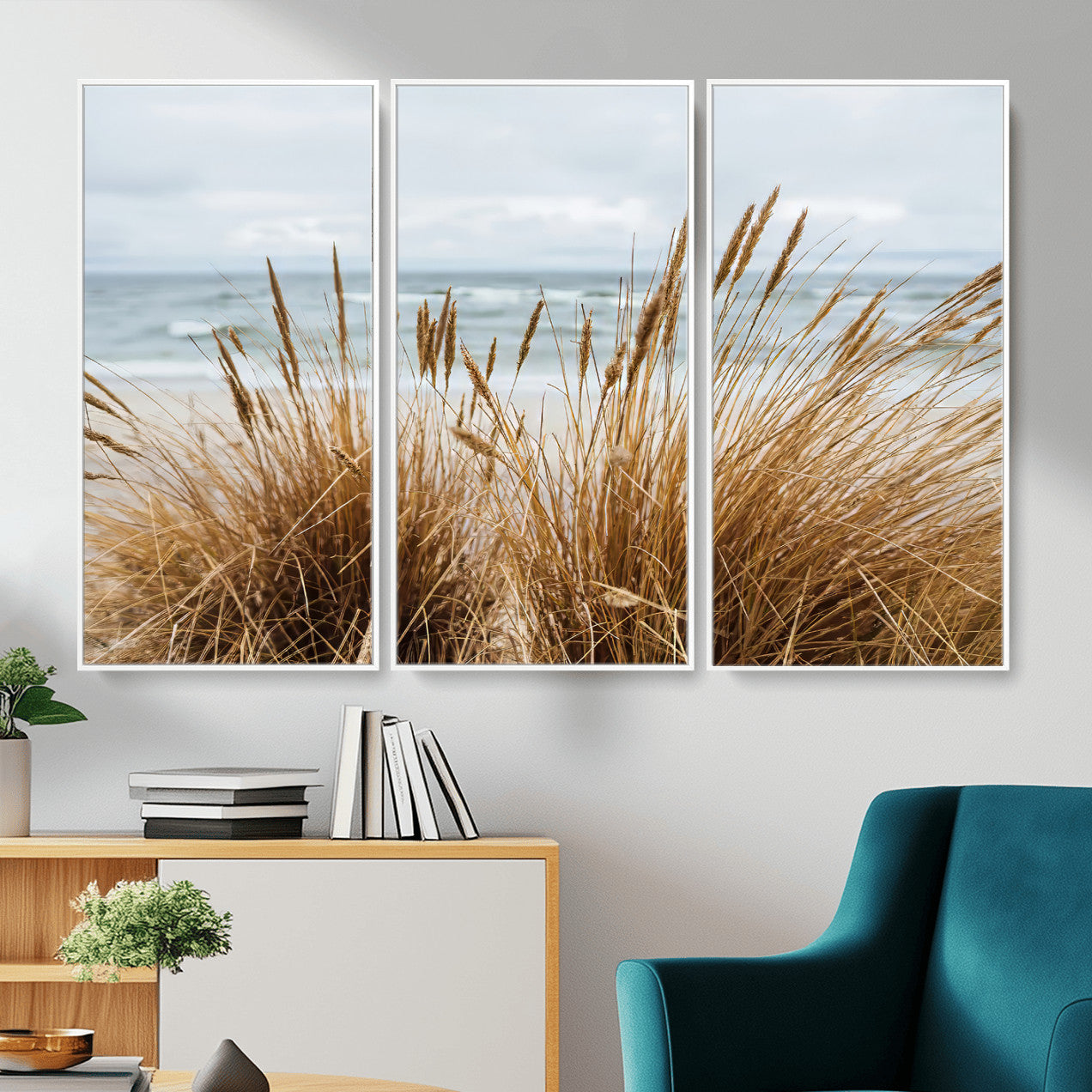 14270839-MGV-CV-36X24-Beach Grass Wall Art – Framed Coastal Dunes Canvas Artwork, Minimal Seaside Design, Modern Coastal Decor for Home, Office