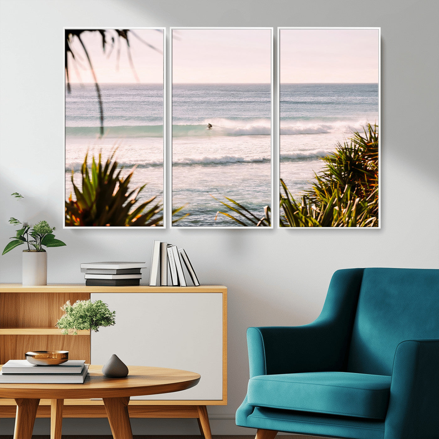 MGV-FC-48X32-3P - Ocean Surfer Wall Art Canvas Print, Framed Coastal Surf Art Picture Print, Tropical Beach Perfect Tropical Coastal Decor Artwork