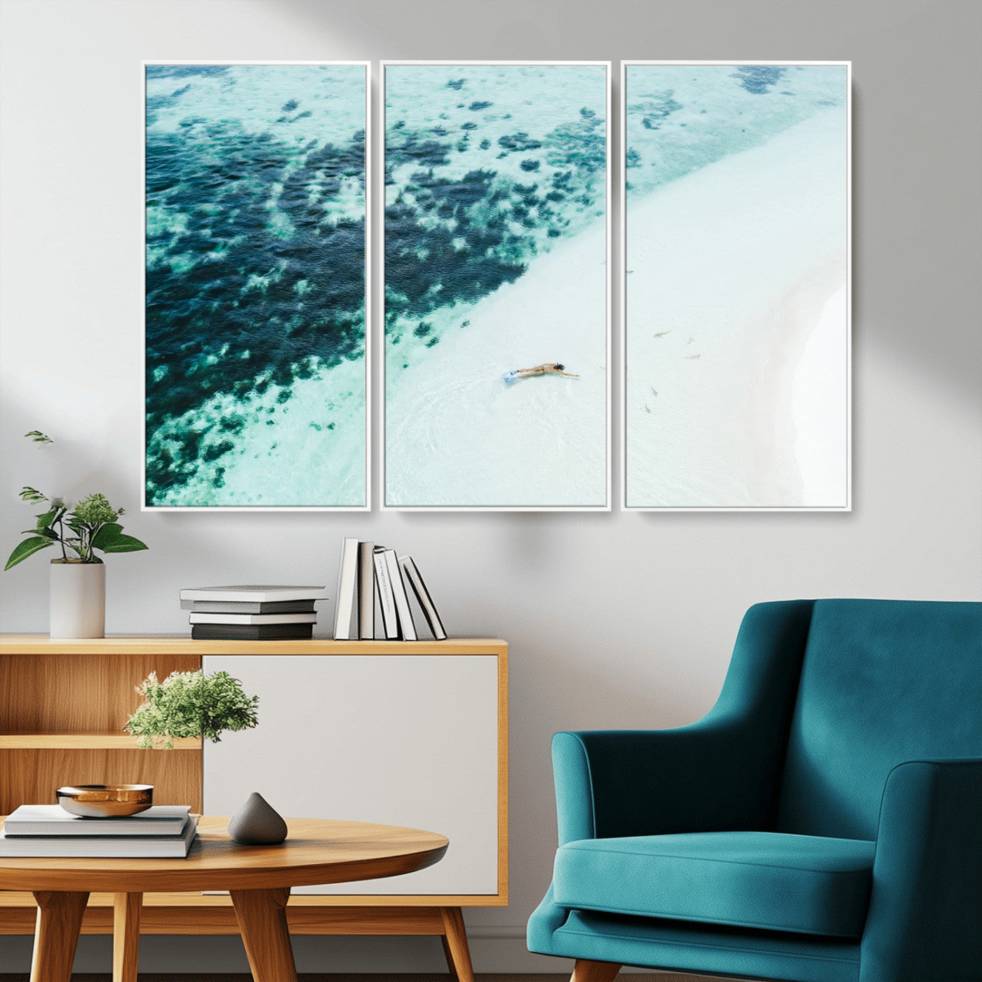 MGV-FC-48X32-3P - Minimal Beach Wall Art Canvas Print, Framed Ocean Swimming Art Picture Print, Clear Ocean Perfect Minimal Coastal Decor Artwork