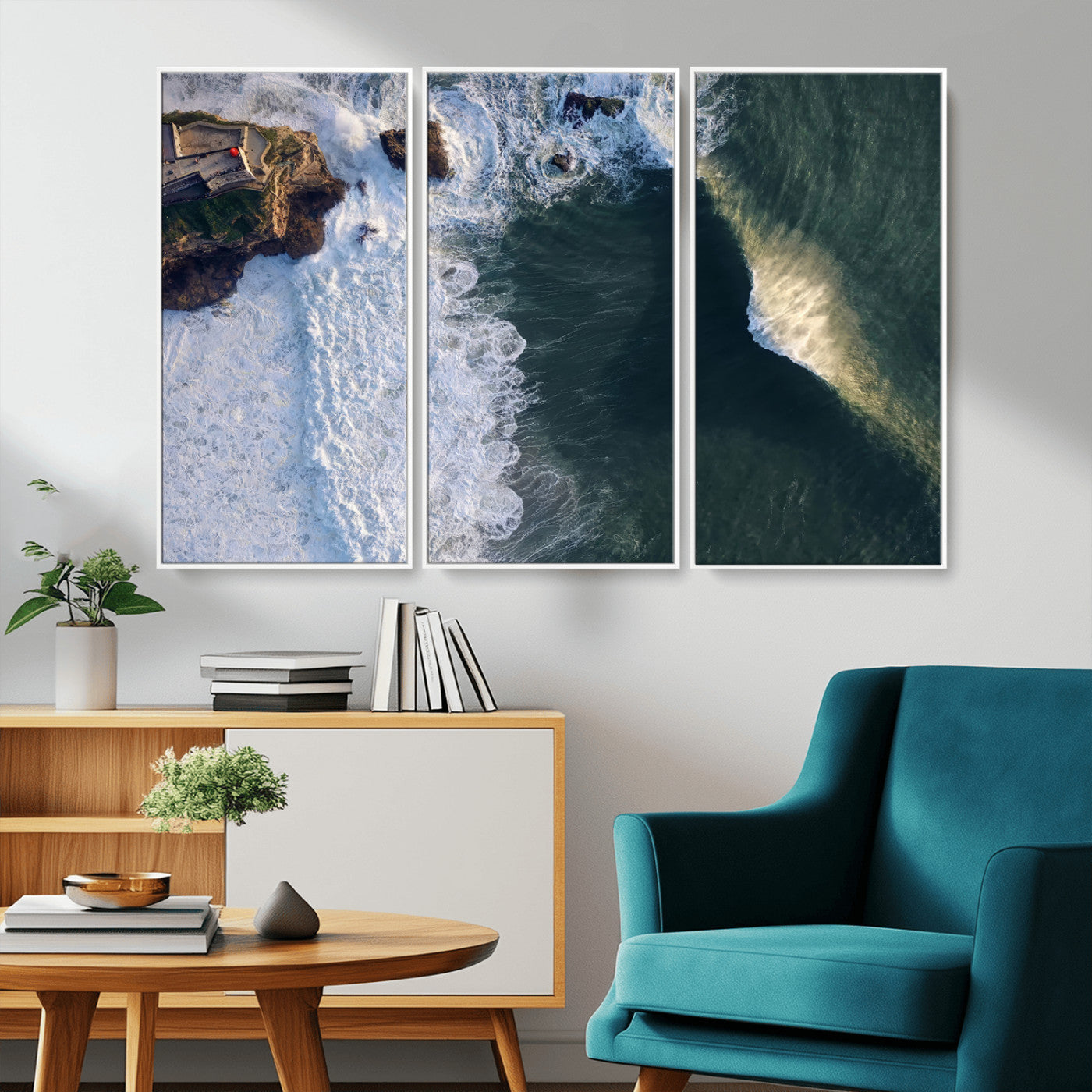 MGV-FC-48X32-3P - Nazaré Coast Wall Art Canvas Print, Framed Aerial Ocean Art Picture Print, Coastal Fortress Perfect Dramatic Coastal Decor Artwork